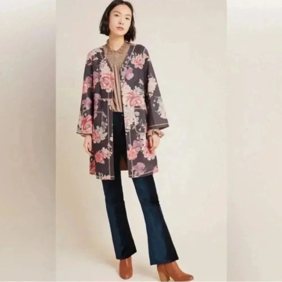 ANTHROPOLOGIE faux suede duster jacket SOLITAIRE Floral open Cardigan sz M chic - Picture 4 of 14